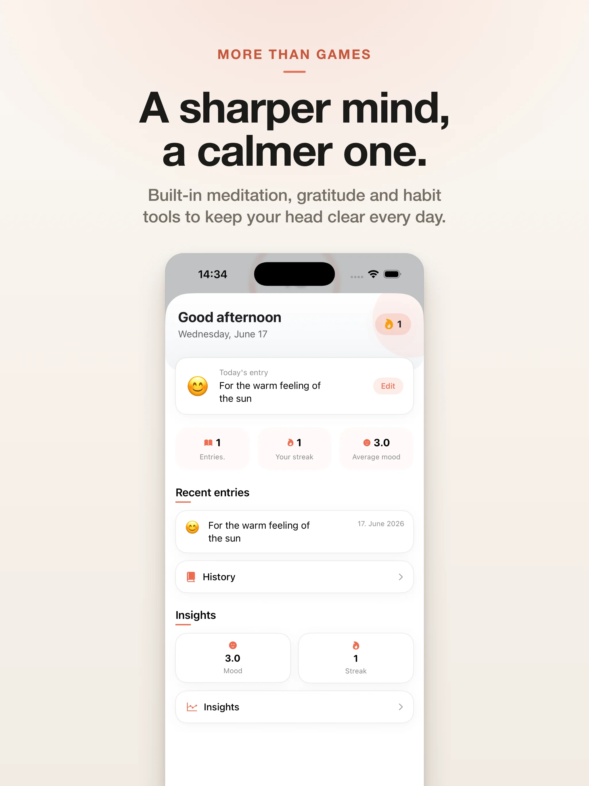 A sharper mind, a calmer one — built-in meditation, gratitude and habit tools